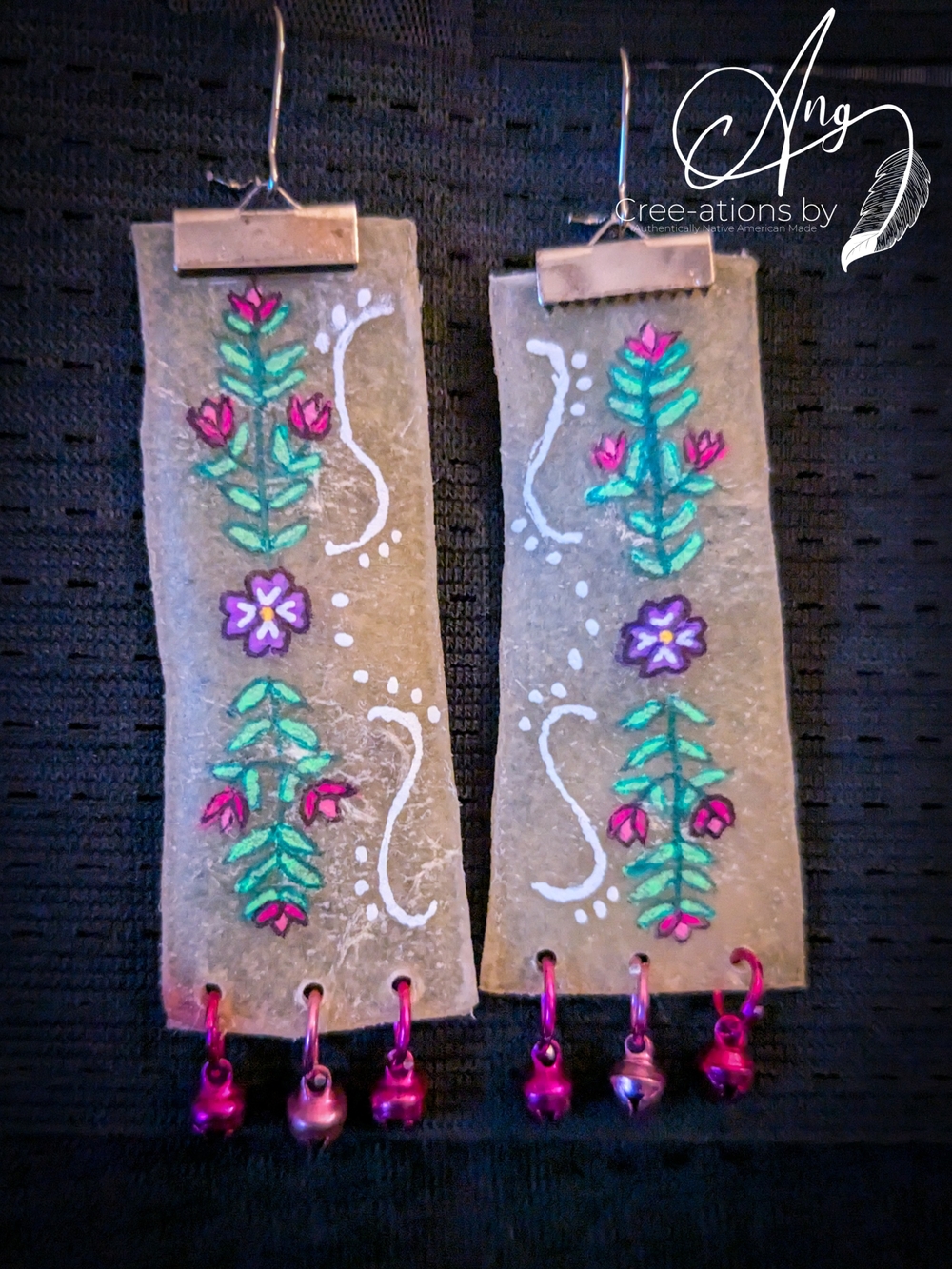 Native American Hand-Painted Ojibwe Floral Rawhide Bells Dangle Earrings